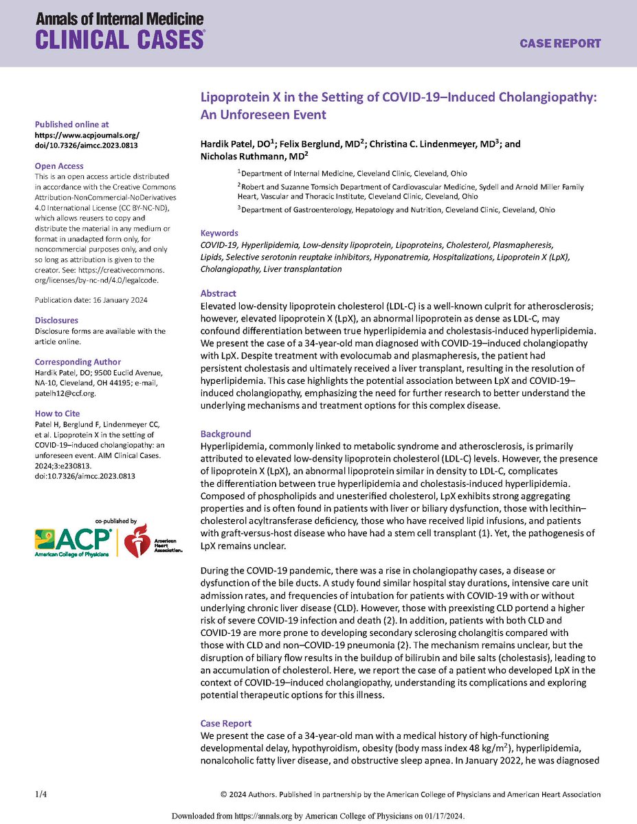 Annals of Internal Medicine: Clinical Cases (@annalsofimcc) on Twitter photo Lipoprotein X in the Setting of COVID-19–Induced Cholangiopathy: An Unforeseen Event. Full text of this case report from <a href="/itshardikhere/">Hardik Patel, DO</a> <a href="/ClevelandClinic/">Cleveland Clinic</a> is freely available at ow.ly/XaUm50QrUcj. <a href="/ACPIMPhysicians/">ACP</a> #AHAjournals @AHASCience #COVID19 Lipoprotein X in the Setting of COVID-19–Induced Cholangiopathy: An Unforeseen Event. Full text of this case report from <a href="/itshardikhere/">Hardik Patel, DO</a> <a href="/ClevelandClinic/">Cleveland Clinic</a> is freely available at ow.ly/XaUm50QrUcj. <a href="/ACPIMPhysicians/">ACP</a> #AHAjournals @AHASCience #COVID19
