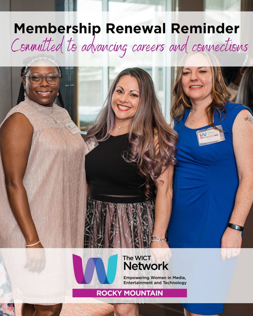 The deadline to renew your membership to The WICT Network: Rocky Mountain has been extended!

Please renew your membership promptly to continue to receive access to our amazing events and resources. 

Renew here: bit.ly/3ZnJJam