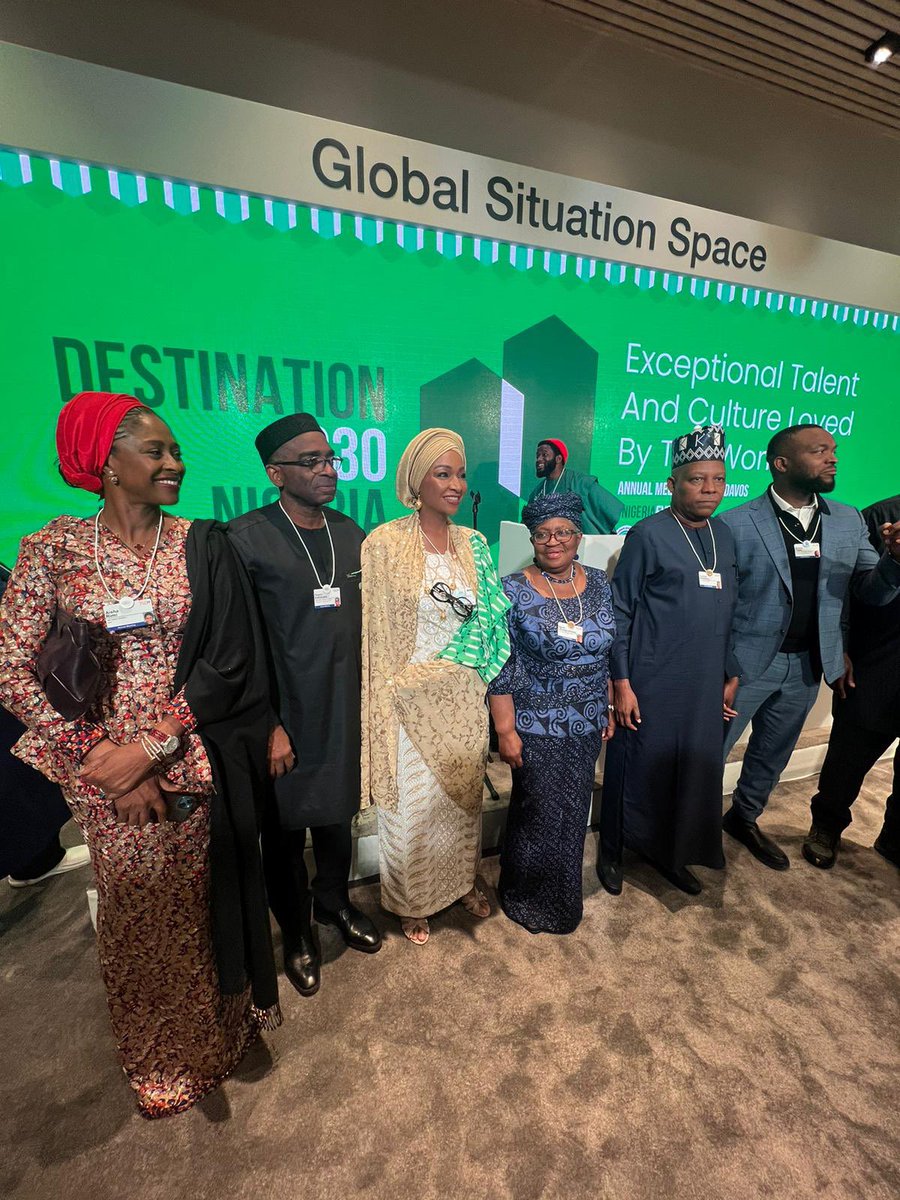 NOIweala's tweet photo. At a Nigerian Delegation Reception @wef in Davos. Lively, colorful and well attended! With H.E Vice President @KashimSM, Minister of Foreign Affairs Yusuf M. Tugga, Minister of State & Petroleum Resources Heineken Lokpobiri @FMPRng, Minister of Art & Culture @hanneymusawa, former Executive Director of @OfficialNEPC Barrister @segunawo, Minister of Communications @bosuntijani and CEO of @nipcng Aisha Rimi.