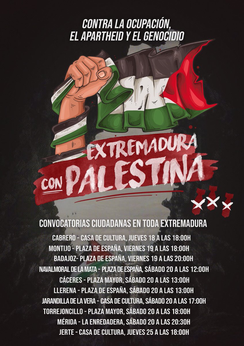 nuevoext's tweet photo. 🚨📢Este 20 de Enero el pueblo extremeño inundará las calles de solidaridad y cariño con el pueblo de Palestina, víctima del cruel exterminio llevado a cabo por la criminal ocupación israelí.

El Gobierno genocida debe ser desmantelado y llevado ante la justicia. #FreePalestine🇵🇸 https://t.co/nZqzLBQ0sm