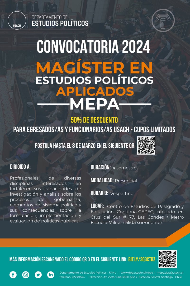 ¡Nueva oportunidad académica para egresados/as!📣Postula al Magíster en Estudios Políticos Aplicados en la @UsachFAHU👉Clases presenciales y vespertinas a partir de marzo. Dirigido a profesionales interesados en gobernanza y políticas públicas. Más info: shorturl.at/lLX37