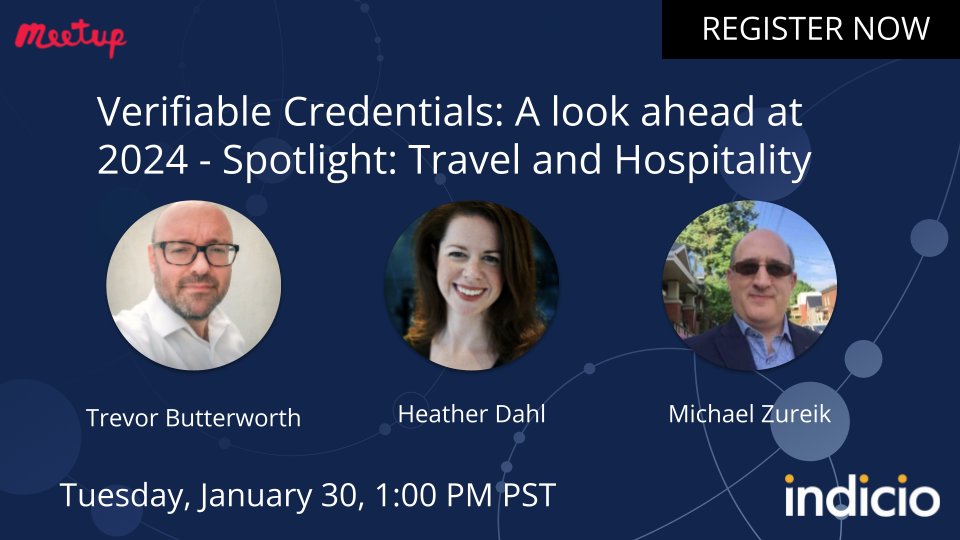 Sign up now for the next Indicio Meetup! Michael Zureik, <a href="/heathercdahl/">Heather C. Dahl</a>, and <a href="/Butterworthy/">Trevor Butterworth</a> join us to explore the foundational shifts occurring in travel and hospitality in 2024 and the part #digitalidentity has to play:
meetup.com/indicio-identi…
#digitalidentity #digitaltravel #SSI