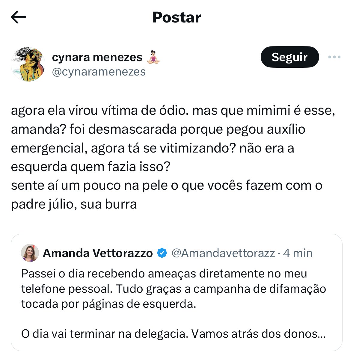 Amandavettorazz's tweet image. Querida Cynara, duas observações:

1) Eu não fui “desmascarada” pq peguei auxílio. Isso é uma informação pública. Qualquer um pode ir no portal da transparência e verificar.

2) Diferentemente de sua corja, eu nunca me vitimizei. Tinha tudo para pagar de vítima, é verdade. Mas…