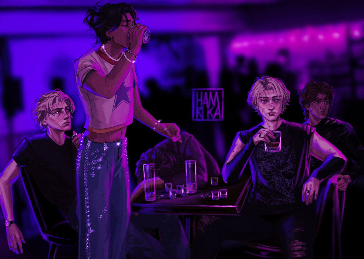 hamrikaa's tweet photo. The gang at Eden's Twilight 🍸🪩 
(R.I.P. Kevin 😔✌🏼)

#aftg #allforthegame #aftgfanart #andrewminyard #neiljosten #aaronminyard #kevinday #nickyhemmick https://t.co/LXV99o6kEb