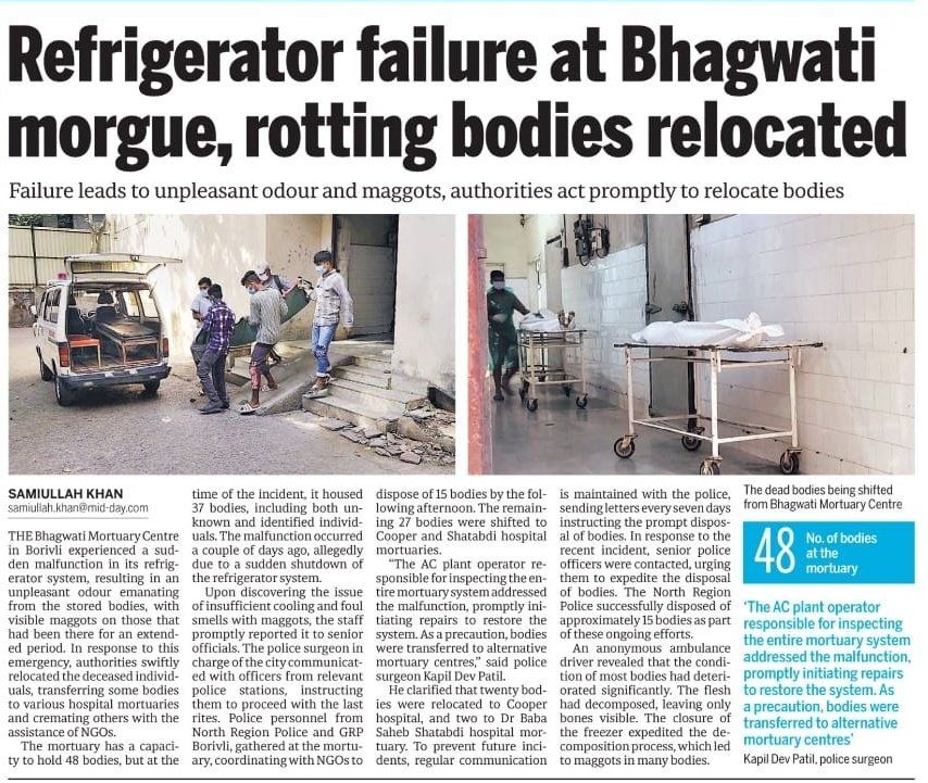 Mohamme74030271's tweet photo. Deteriorating Health Infrastructure leaves the illegal government cold! @mybmc cannot even give the dignity deserved by every human after death. 

@mieknathshinde @CMOMaharashtra 
Are you listening? 

Courtesy: @mid_day 

#Health #infrastructure #Mumbai #Hopsital #Mortuary https://t.co/ta2kTUjpSq