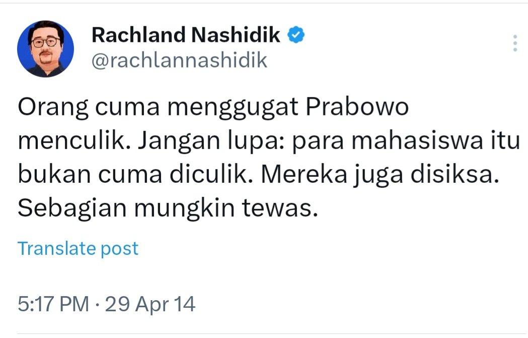 Resimen (@tjakrabirahi69) on Twitter photo <a href="/rachlannashidik/">Rachland Nashidik</a> Jangan salahkan Prabowo, kalau Rachland Nashidik dkk itu mendukungnya. Itu pilihan politik "sukarela" Rachland Nashidik Dkk.
Sebaliknya, jangan salahkan Rachland Nashidik, bila menilai tawaran kebijakan-kebijakan Prabowo sesuai kepentingan dan pandangan Politiknya. <a href="/rachlannashidik/">Rachland Nashidik</a> Jangan salahkan Prabowo, kalau Rachland Nashidik dkk itu mendukungnya. Itu pilihan politik "sukarela" Rachland Nashidik Dkk.
Sebaliknya, jangan salahkan Rachland Nashidik, bila menilai tawaran kebijakan-kebijakan Prabowo sesuai kepentingan dan pandangan Politiknya.