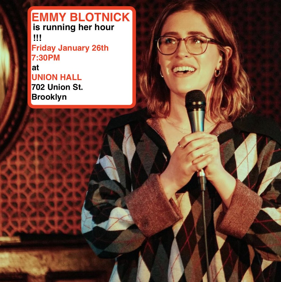 FRI 1/26: Emmy Blotnick Is Running Her Hour! @emmyblotnick concocts sixty minutes of standup comedy for your enjoyment, with special guests TBA! Limited Tickets Left! 🎟️: tinyurl.com/y7betkvd