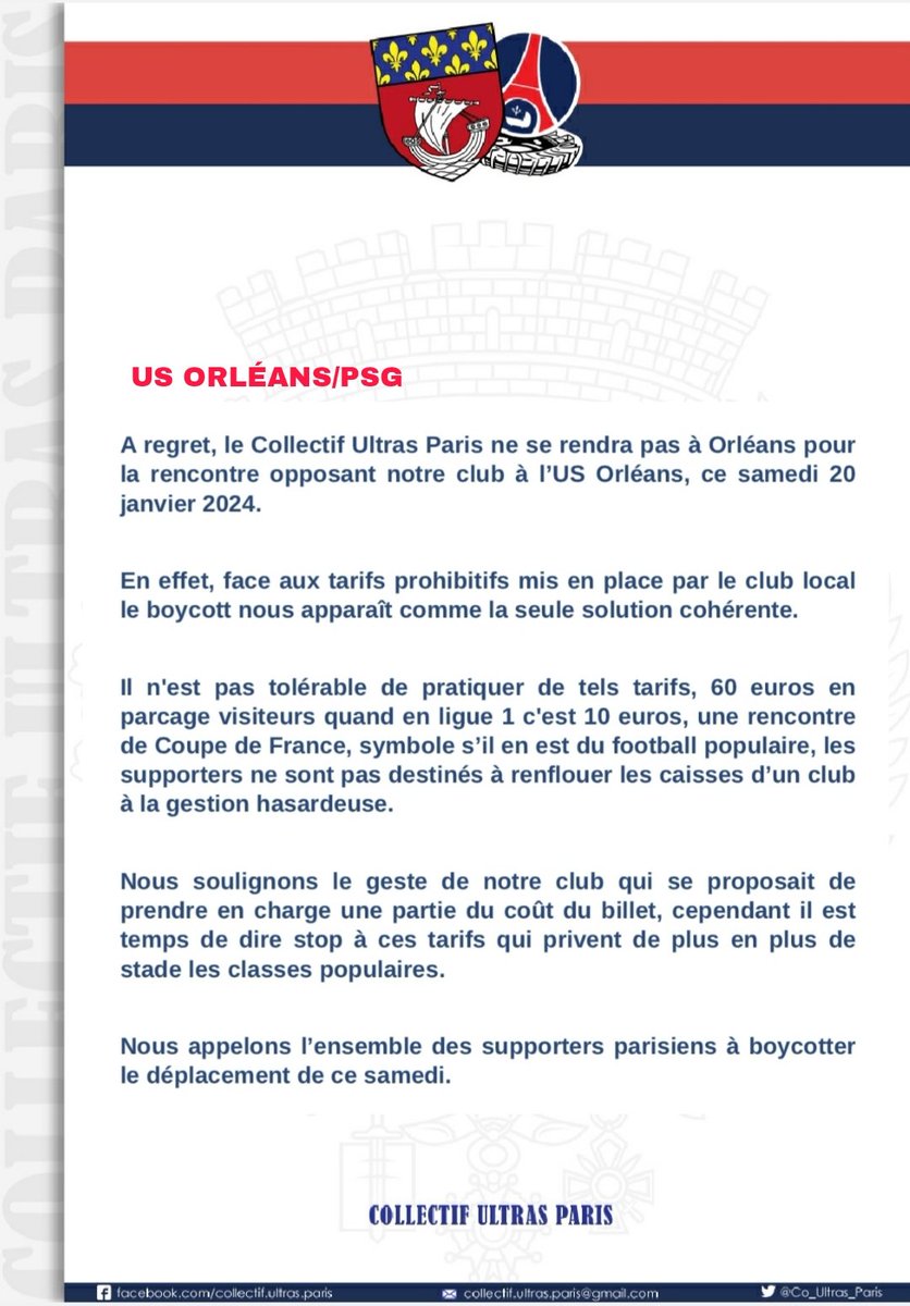 ActuFoot_'s tweet image. 🚨 Le Collectif Ultras Paris annonce boycotter le déplacement à Orléans en Coupe de France suite au tarif des billets. 💰❌

📸 @Co_Ultras_Paris