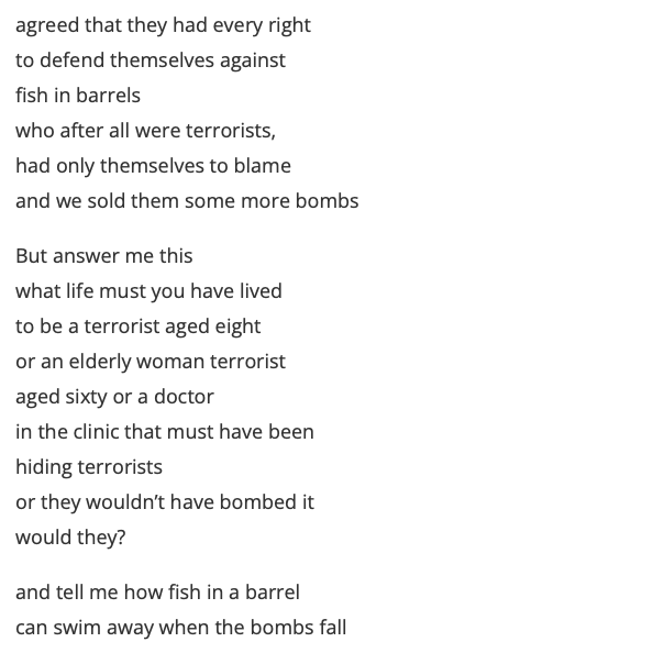 A number of poets working in Scotland have been responding to events in Gaza & have given us permission to share their work on our blog tinyurl.com/yc2je9us We’ll continue to share this work here over coming days. #Gaza #poetry Here’s Eyeless by Ruth Aylett [1/2]