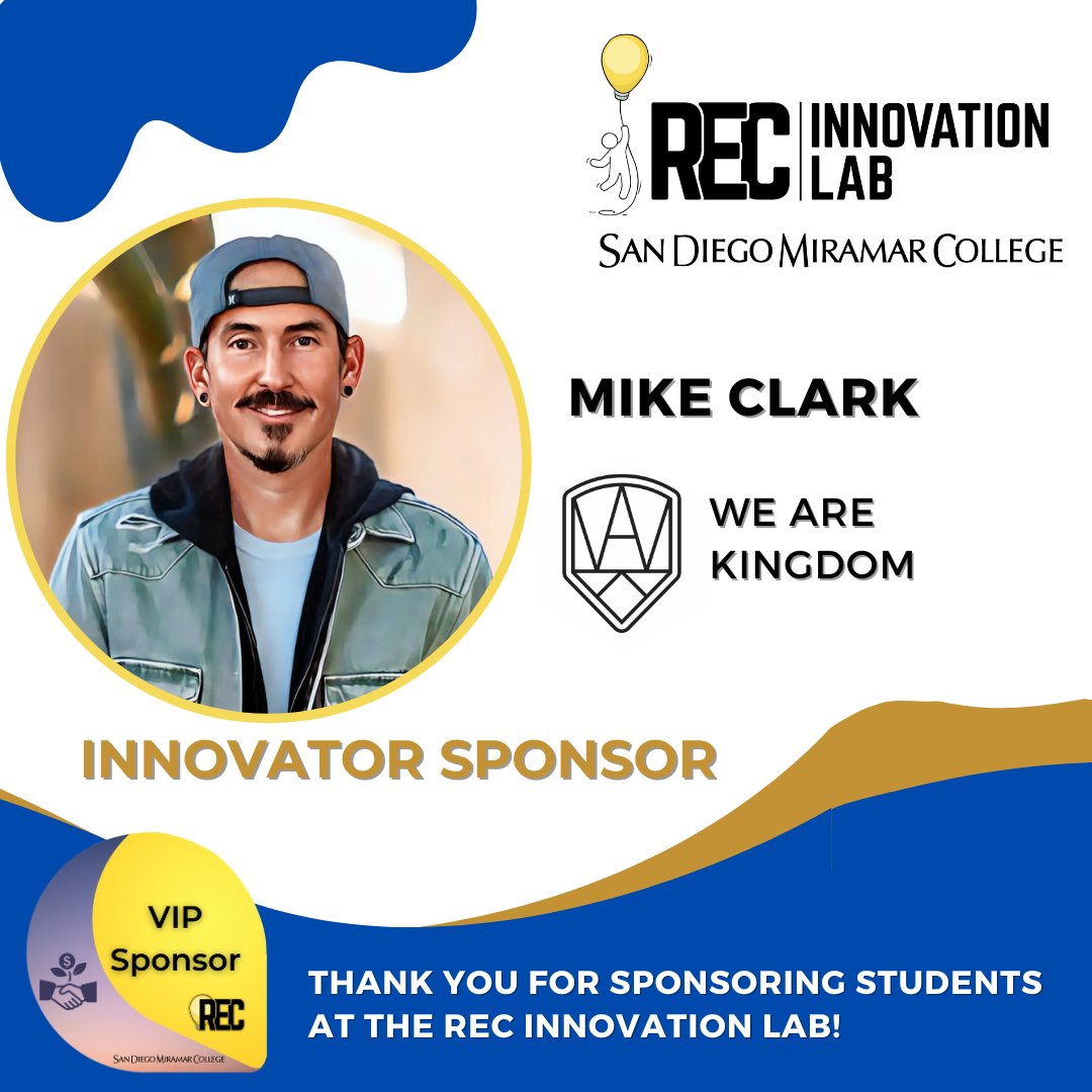 REC_SDMiramar's tweet photo. Thank you Mike Clark and We Are Kingdom!

Mike Clark and We Are Kingdom are one of our Innovator Sponsors for the @REC_SDMiramar 's Grand Opening Celebration!

Mike Clark is also one of our REC Innovation Lab mentors at @SDMiramar ! https://t.co/MzS9FTqZpy