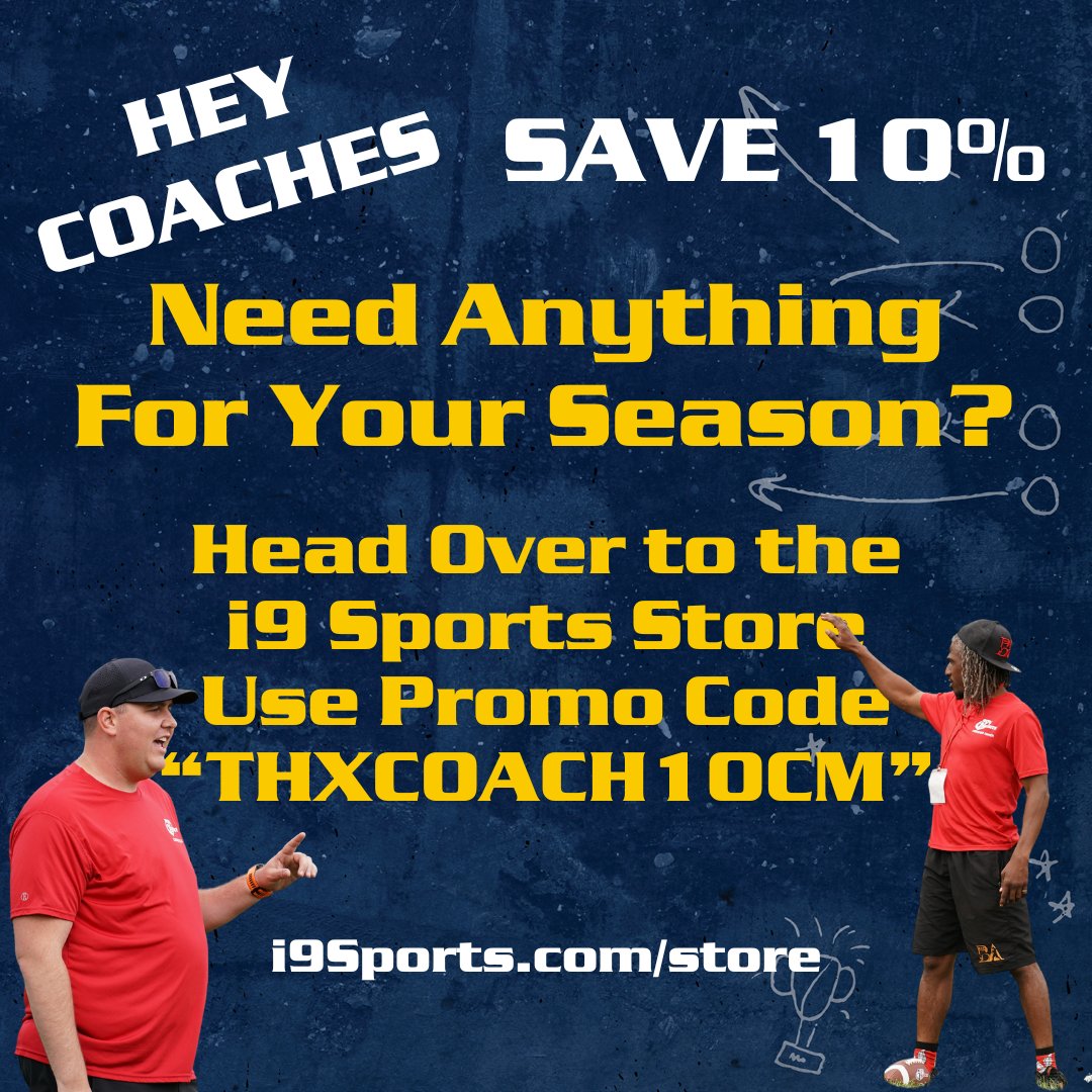 Hey all i9 Sports coaches, Need any equipment for the season, Use promo code THXCOACH10CM
Save today at i9sports.com/store
#i9Sports #WeLoveCoaches ❤️💙