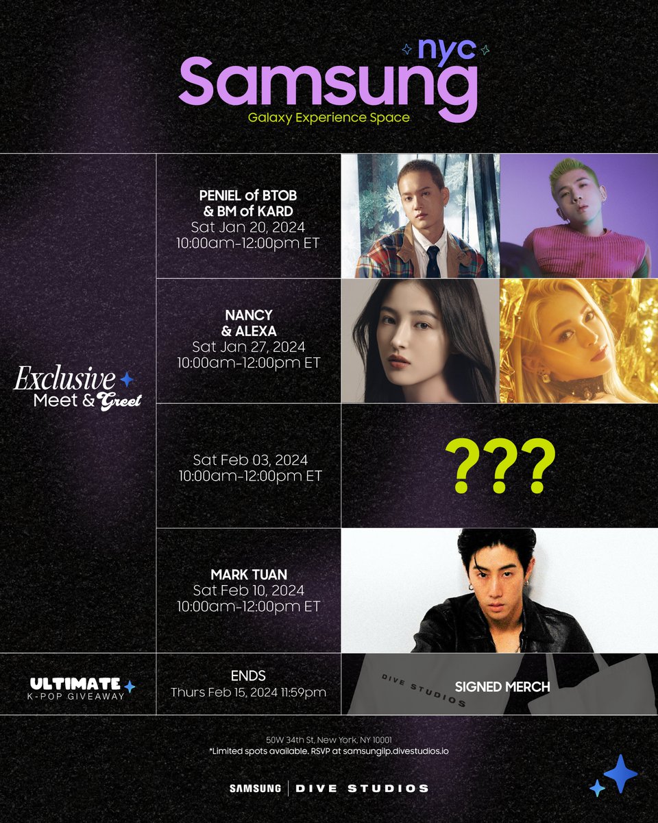 DIVE Studios (@thedivestudios) on Twitter photo We're thrilled to announce our partnership with <a href="/SamsungMobileUS/">Samsung Mobile US</a> to bring you an unforgettable experience at the Samsung #GalaxyExperience Space located at 50 West 34th St. in New York City from January 17th to February 15th!
Here's what you can look forward to:
πΈ Meet & We're thrilled to announce our partnership with <a href="/SamsungMobileUS/">Samsung Mobile US</a> to bring you an unforgettable experience at the Samsung #GalaxyExperience Space located at 50 West 34th St. in New York City from January 17th to February 15th!
Here's what you can look forward to:
πΈ Meet &