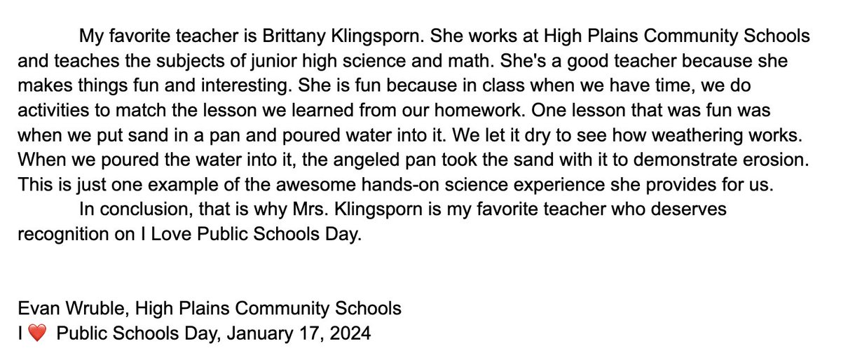 HPCSTORM's tweet image. In honor of I ❤️ Public Schools Day, two #HPCStorm Junior High Journalism students wrote about their favorite teacher, Mrs. Brittany Klingsporn!
#ILovePublicSchools #RootedNE #GrownforSuccess