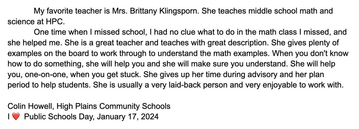 HPCSTORM's tweet image. In honor of I ❤️ Public Schools Day, two #HPCStorm Junior High Journalism students wrote about their favorite teacher, Mrs. Brittany Klingsporn!
#ILovePublicSchools #RootedNE #GrownforSuccess