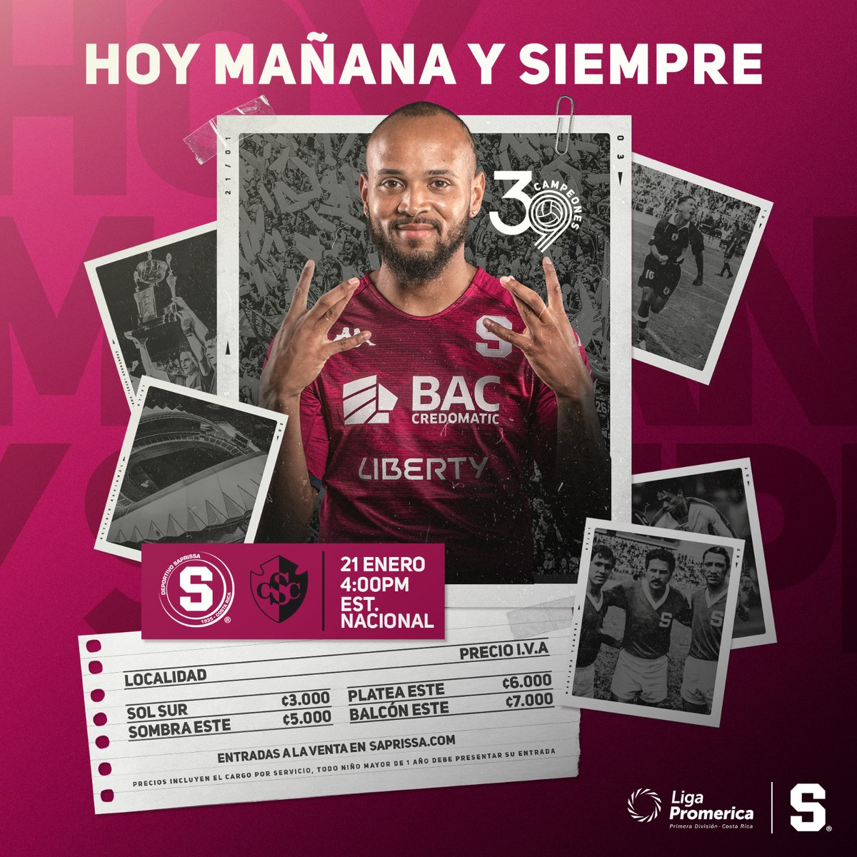 ¡Nos vemos hoy en el Estadio Nacional! 💜

🎟️ Boletos disponibles en Saprissa.com
⚠️ Las entradas para el partido son generales. Por lo que los asientos no serán numerados en esta ocasión.
👉🏻 Las boleterías del estadio abren a 12 medio día ⚽️