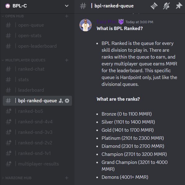GGBreakingPoint's tweet photo. Introducing BPL-C Ranked queues! 

— anyone can play
— 6 separate Ranked queues
— parties of 2 ALLOWED 
— 8 different MMR ranks https://t.co/CTjiFjUlHb