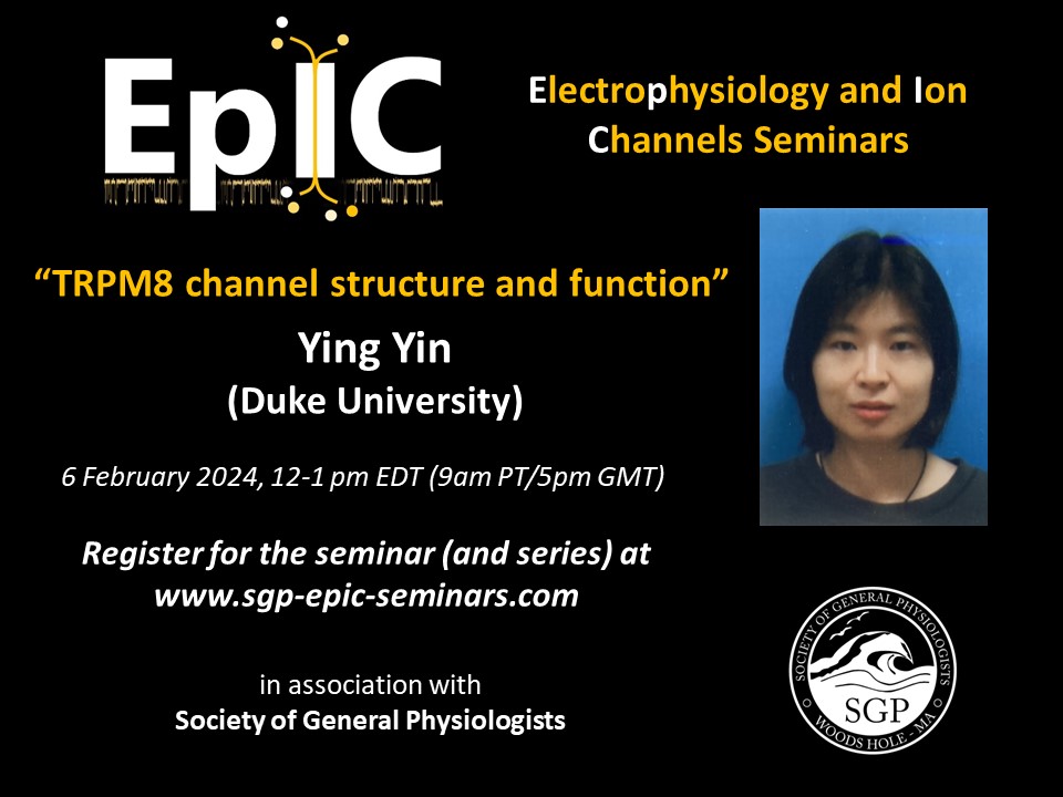 Join us online for the 10th SGP-EpIC Seminar featuring Ying Yin speaking on 'TRPM8 channel structure and function.' Register at sgp-epic-seminars.com