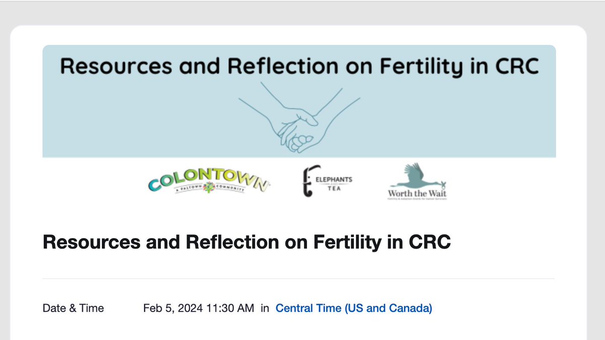 drholowatyj's tweet photo. Fertility &amp; early-onset #EAOCRC virtual series: 
Join Worth the Wait, @colontown, @ElephantsTea, @KristenCiombor &amp; me/#PREFACEStudy--Feb 5, 11:30am CST--to chat resources &amp; reflections on #fertility in #CRC. #crcsm @VUMC_Cancer 
It's FREE to register, 🔗: https://t.co/G3dhxDvJ1j https://t.co/irdZ44SnoZ