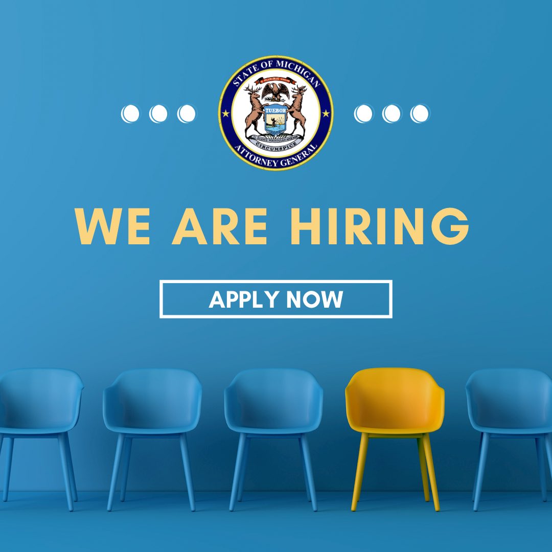Interested in working for the Michigan state government? Join us at the Department of Attorney General! The DAG is hiring for numerous positions across the state. Apply now ➡️ governmentjobs.com/careers/michig…