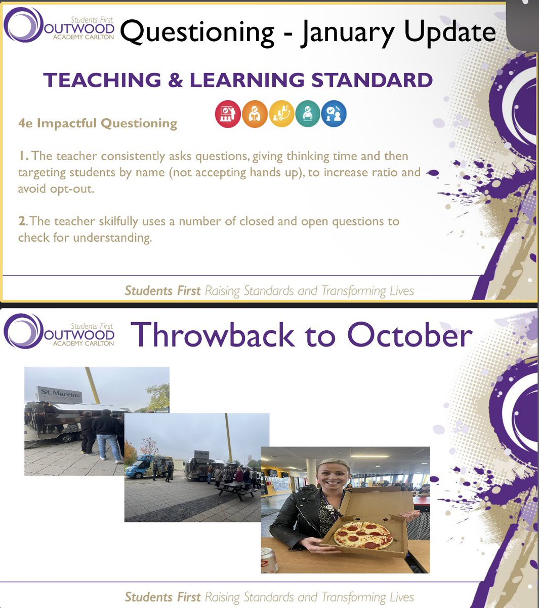OACarlton's tweet image. Yesterday, @mrsmellorpe revisited #Questioning with all teachers & showcased lessons from @LydiaLowe93 @bevclarke1977 & @MrOliverPE
We want all students to think harder through cold calling & purposeful thinking time.
#TransformativeTeaching
#Pedagogy
💜💜💜
