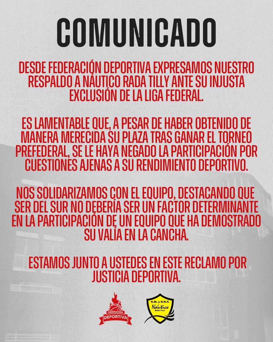 🔴🟡 Desde Federación Deportiva expresamos nuestro respaldo a Náutico Rada Tilly ante su injusta exclusión de la Liga Federal.

🤝 Estamos junto a ustedes en este reclamo por justicia deportiva.

#SomosLaFede 🇦🇹