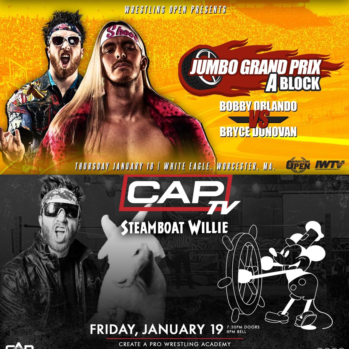 Shook Crew explodes for the first time at #WrestlingOpen tomorrow!

Friday #CAPTVLive returns to Hicksville, NY for #SteamboatWillie

Emotion filled weekend come through #BeShook