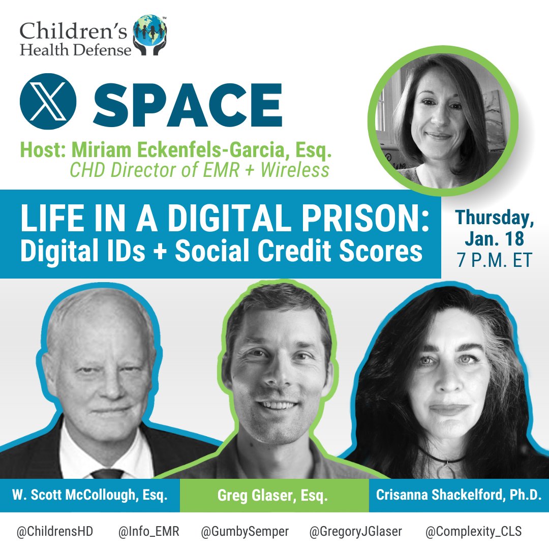 ChildrensHD's tweet photo. 📣 TOMORROW: Get the inside scoop on the dangers of #DigitalID + social credit scores. Learn how the military secretly uses new wireless tech + digitalization for control.  

Speakers:
+ @GregoryJGlaser
+ W. Scott McCollough (@GumbySemper)
+ Crisanna Shackelford, Ph.D. (@Complexity_CLS)

Set Your Reminder 👇
https://t.co/OnDn6eAtah