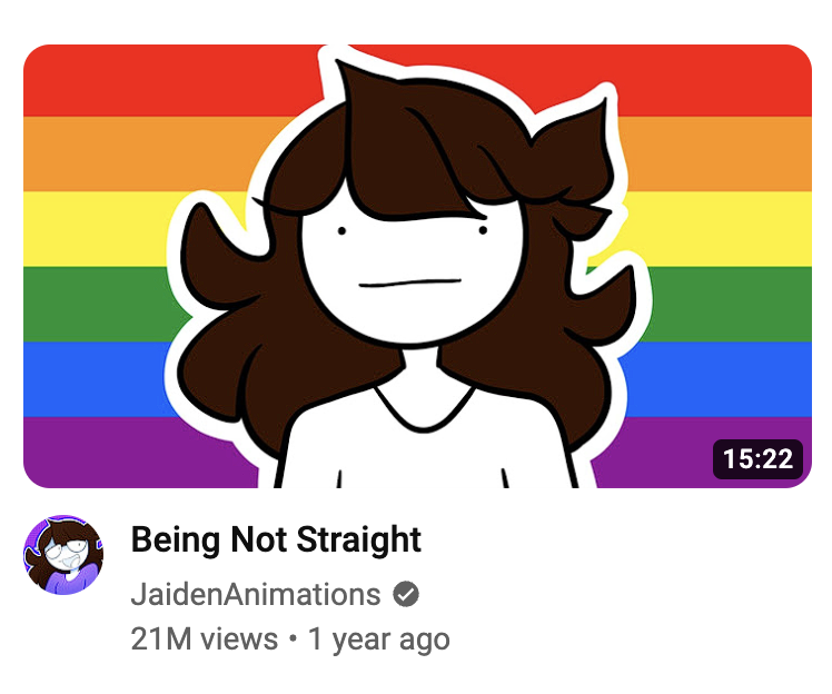 I don't think a lot of people, including fans of Jaiden, understand how massively impactful it was for 21 million people to watch a famous person come out as something as generally niche as aroace. So many baby queers born in an instant (including me)