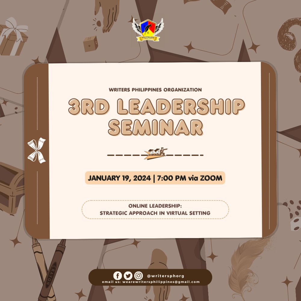 writersphorg's tweet photo. 𝐀𝐍𝐍𝐎𝐔𝐍𝐂𝐄𝐌𝐄𝐍𝐓 | WritersPH Leadership Seminar  

On Friday, January 19, 2024, the 3rd Leadership Seminar will kick off via Zoom at 7 PM. Leaders and guest speakers will delve into pertinent focal discussions on leadership and strategic approaches in a virtual setting. https://t.co/aUQmCJLiPC