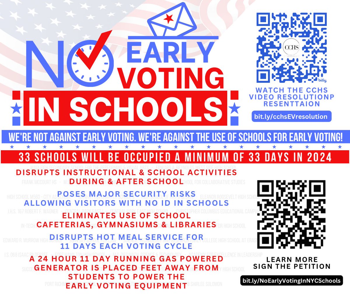 <a href="/BOENYC/">NYC Board of Elections</a> here are alternate locations: bit.ly/AltEVsi 33 schools will be occupied for 33 days during the ‘24 election. Schools receive no extra 👮‍♂️ or $ to help. Hot meals cease. Instructional &amp; extracurricular activities, canceled. Security breaches become a regular