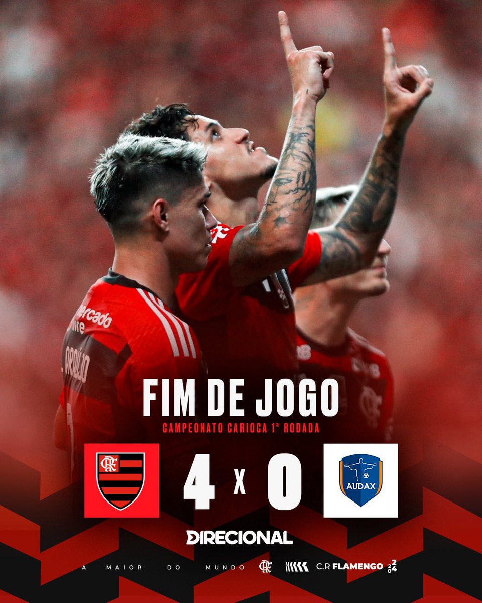 Flamengo's tweet photo. FIMMMMM DE JOGO em Manaus! O MENGÃO estreia com o pé direito no @Cariocao! Goleada de 4 a 0 sobre o Audax com gols de Léo Pereira, Pedro, Cebolinha e Varela! 

#CRF #VamosFlamengo https://t.co/M6nsflNkec