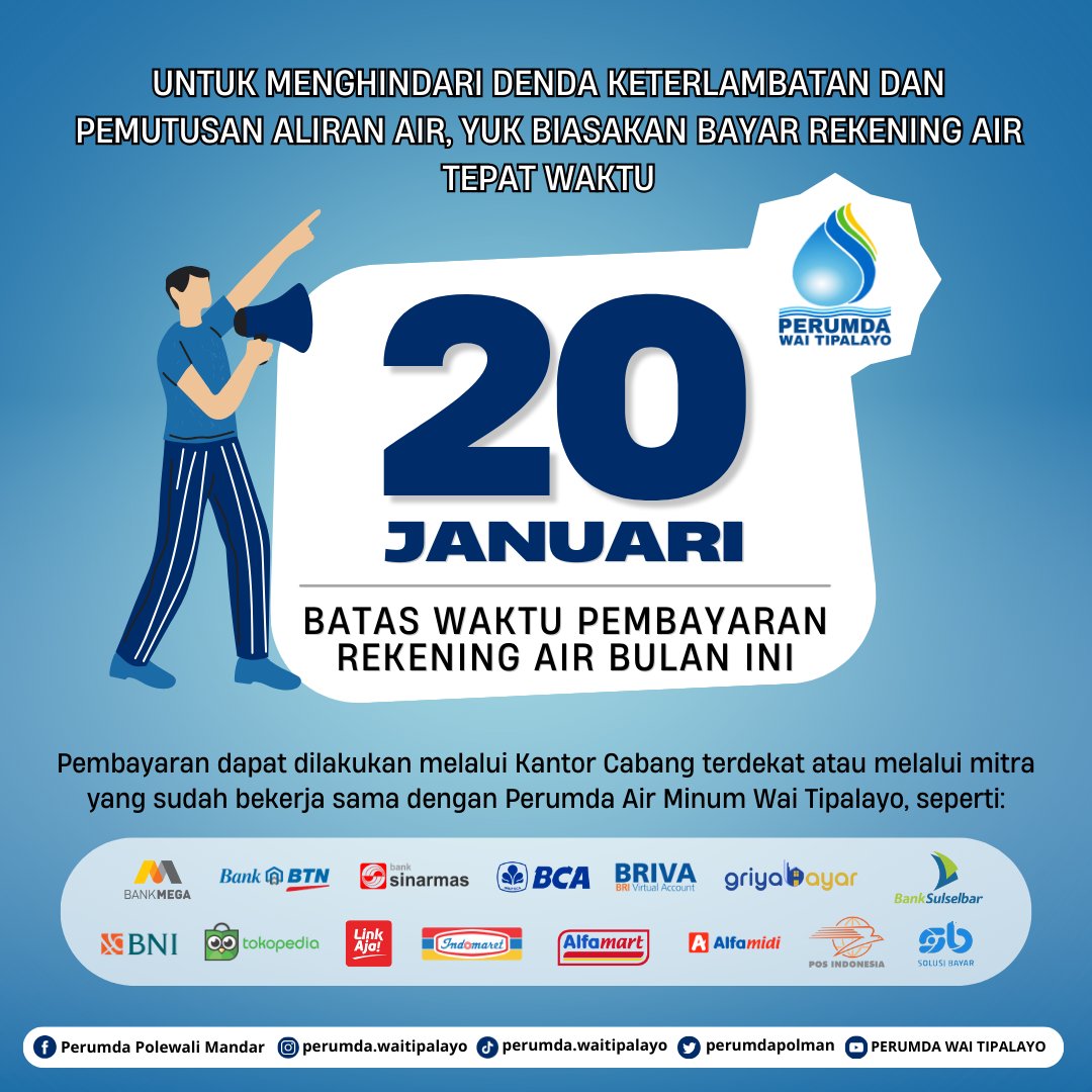 perumdapolman's tweet photo. Sekedar mengingatkan, bagi pelanggan yang belum melakukan pembayaran tagihan rekening air bulan Januari 2024, agar terhindar dari denda keterlambatan dan pemutusan aliran air, kami himbau untuk segera melakukan pembayaran. Terima kasih🙏 #perumdawaitipalayo #perumdapolman https://t.co/dd2hTrmhnM