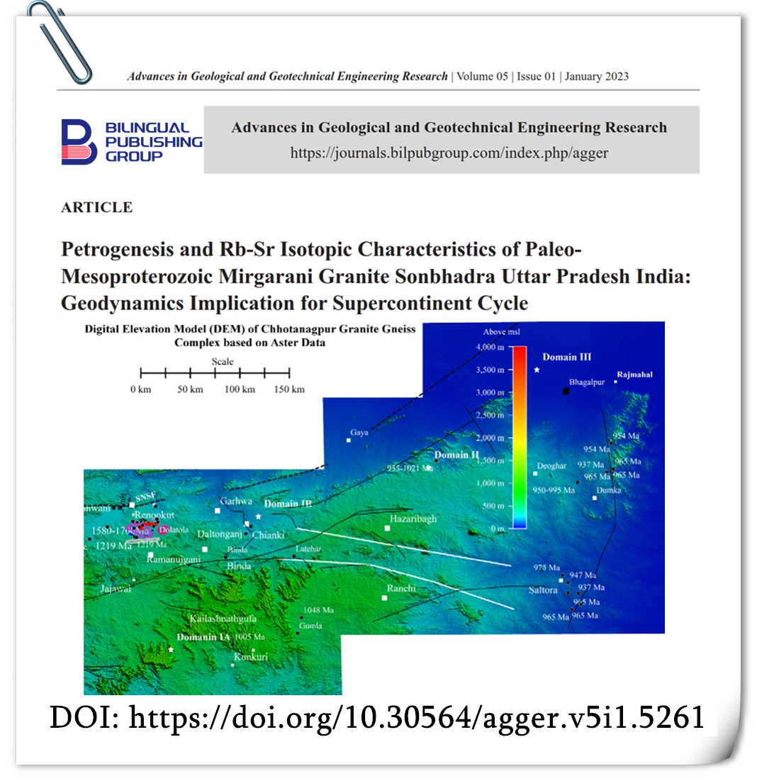 Petrogenesis and Rb-Sr Isotopic Characteristics of Paleo-Mesoproterozoic Mirgarani Granite Sonbhadra Uttar Pradesh India: Geodynamics Implication for Supercontinent Cycle
#Miragrani granite; #Petrogenesis; #Isochron dating; #Radiogenic heat
DOI：doi.org/10.30564/agger…