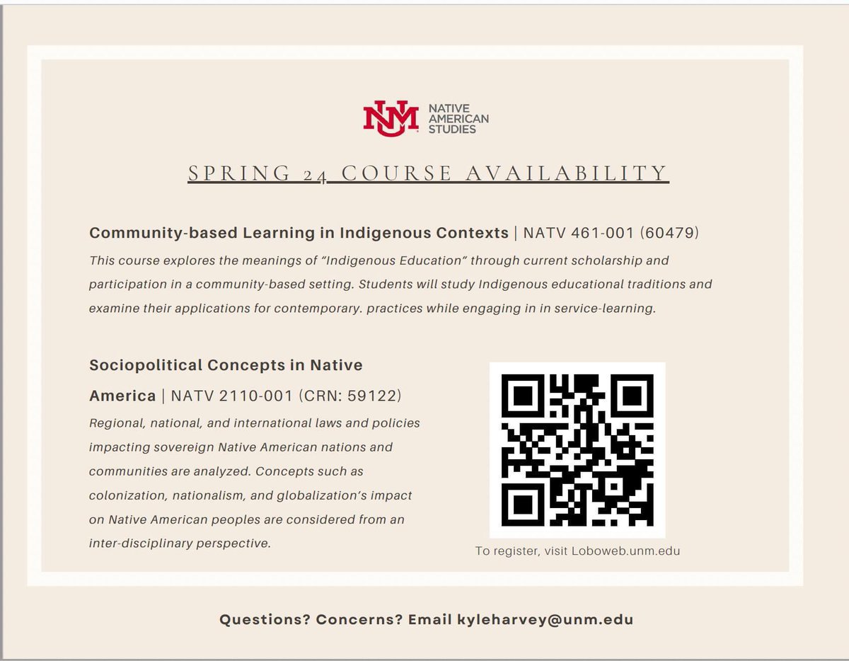 DreAbeita's tweet image. NAS open courses this Spring semester!
#NAS #UNM #SpringCourses @CNMsuncats @chssliberalarts @unmlaii @UNMLLC @UNM @UNMGPSA @UNMWRC 
@unmlosalamos @unmtaos @unmgallup