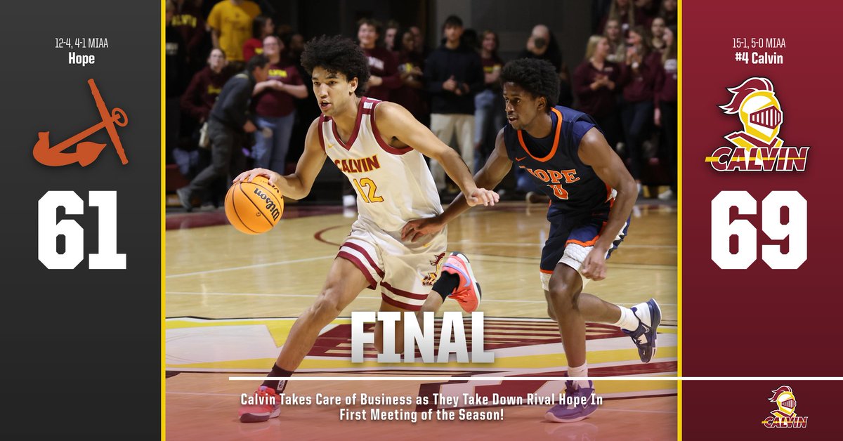 FINAL: <a href="/CalvinMensBball/">Calvin Basketball</a> comes out victorious after a hard fought battle against rival Hope!

Jalen Overway led the way for the Knights with 14 points while Marcus Bult chipped in 13 points. #GoCalvin