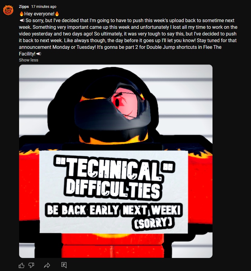 zipperable's tweet photo. 🔥Hey everyone!🔥
📣So sorry, but I've decided that I'm going to have to push this week's upload back to sometime next week. Here's the full message from the channel!📣
#Roblox #YouTube #BeBackSoon https://t.co/rrfUiOWcbj