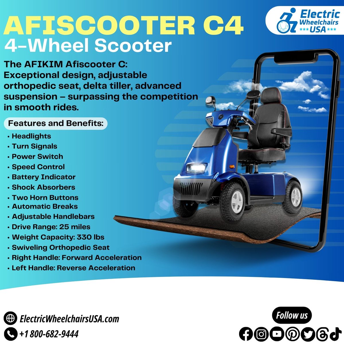 The AFIKIM Afiscooter C excels with its design, adjustable orthopedic seat, delta tiller for easy steering, and advanced full suspension system, surpassing the competition.

#ElectricWheelchairsUSA #AFIKIMAfiscooterC #ExceptionalDesign #UnparalleledFeatures #OrthopedicComfort