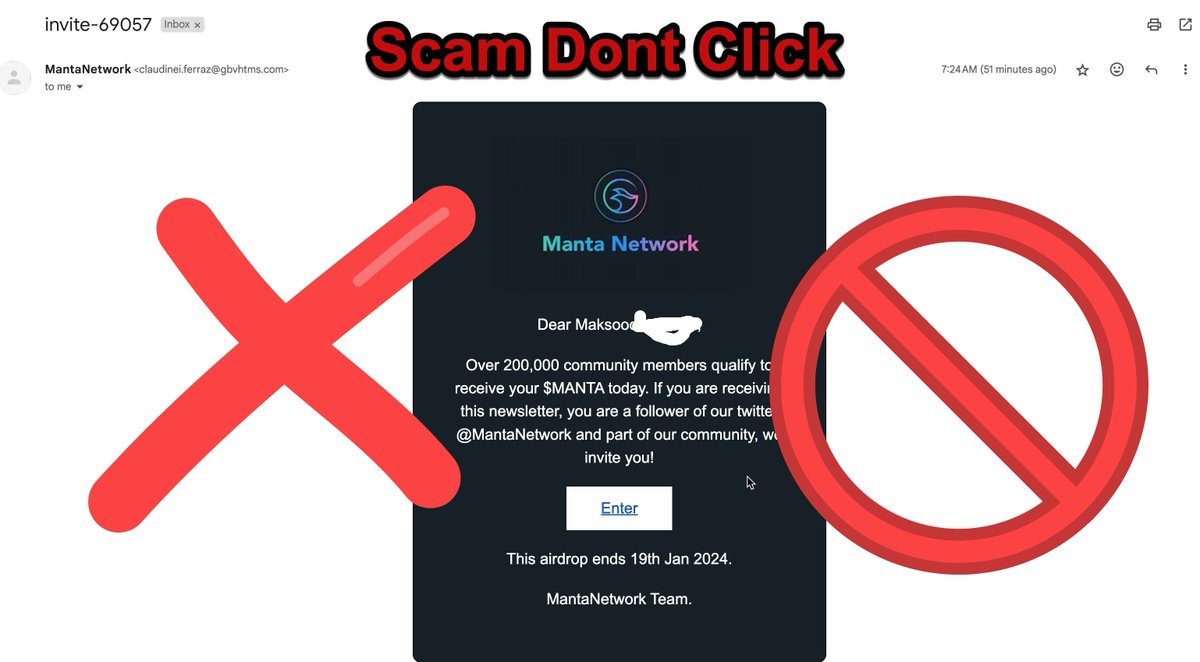 AirdropAlertAAD's tweet photo. 🚫⚠️ Don't fall for scams! Protect your crypto wallet, always stay cautious! ⛔️💼
🔒 Learn how to identify and avoid suspicious links to secure your assets. 💪
#cryptosecurity #protectyourwallet #staycautious #dontfallforscams #cryptoawareness #Manta Airdrop https://t.co/saaRM2607W