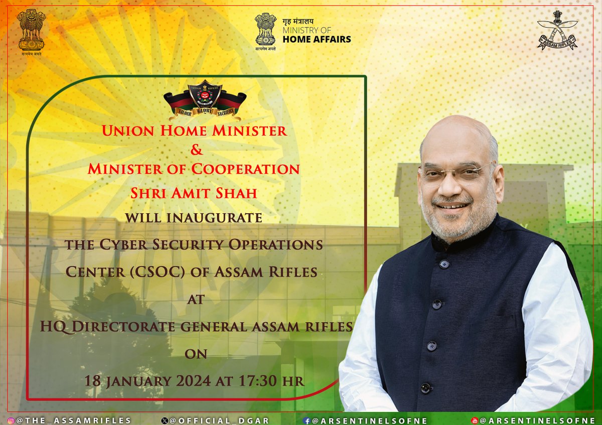 official_dgar's tweet photo. The Hon'ble Union Home Minister & Minister of Cooperation Shri @AmitShah will inaugurate the #CyberSecurityOperationsCenter (CSOC) of #AssamRifles today at Headquarters Directorate General Assam Rifles, Shillong. @PIBHomeAffairs @adgpi @HMOIndia https://t.co/iWvlmB7znd