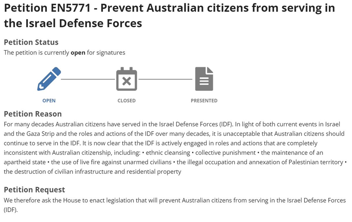 #auspol #IsraelPalestineConflict A petition calling on the House of Representatives to enact legislation that will prevent Australian citizens from serving in the Israel Defense Forces is now open for signature at aph.gov.au/e-petitions/pe… A copy of the text is attached.