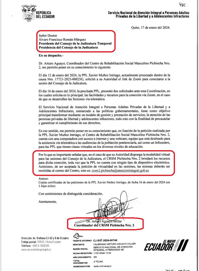 janethinostroza's tweet photo. ATENCIÓN✅ Xavier Muñoz insiste en participar en las sesiones del Consejo de la Judicatura, desde su celda en la cárcel del Inca.  El pedido incluye lista de materiales de trabajo. 

¿ Y adivinen qué?

El Director de la cárcel, Arturo Aguayo, envió una carta al Presidente Álvaro Román poniendo a disposición el computador de la cárcel y pidiendo que envíe los links para que el PPL se conecte. 

Por cierto  ¿alguien en el Consejo de la Judicatura podría explicar, por qué no han principalizado a la vocal suplente Solanda Goyes?

@CJudicaturaEc 
@CorteNacional 
@CpccsEc
