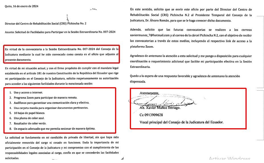 janethinostroza's tweet photo. ATENCIÓN✅ Xavier Muñoz insiste en participar en las sesiones del Consejo de la Judicatura, desde su celda en la cárcel del Inca.  El pedido incluye lista de materiales de trabajo. 

¿ Y adivinen qué?

El Director de la cárcel, Arturo Aguayo, envió una carta al Presidente Álvaro Román poniendo a disposición el computador de la cárcel y pidiendo que envíe los links para que el PPL se conecte. 

Por cierto  ¿alguien en el Consejo de la Judicatura podría explicar, por qué no han principalizado a la vocal suplente Solanda Goyes?

@CJudicaturaEc 
@CorteNacional 
@CpccsEc