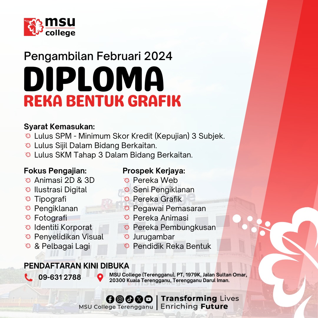 MSUcollege_trg's tweet photo. Nak belajar bidang grafik?
Jom dapatkan maklumat lanjut di MSU College Terengganu dengan menghubungi kami di π
π² 096312788
π² https://t.co/Anme2NzCty
π² https://t.co/FNDZ3ilffj
#msumalaysia
#msucollegeterengganu
#SPM2023
#SPM2022
#spm2021
#spm2022
#stpm2020
#stpm2021 https://t.co/xSlDnemrlF