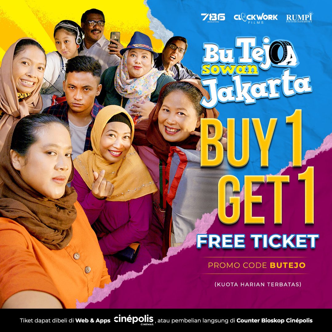 cinepolisID's tweet photo. Seduluur, udah siap nyambut #BuTejoSowanJakarta? 👀

Biar ngga selek dan tabah dengerin Bu Tejo misuh-misuh, monggo dibawa dulu ini promo Buy 1 Get 1 tiket #BuTejo: Sowan Jakarta-nya di Cinépolis Cinemas. 

Book tiket nontonmu di website serta aplikasi Cinépolis Indonesia dan masukkan kode promo BUTEJO sekarang! 

#CinepolisID