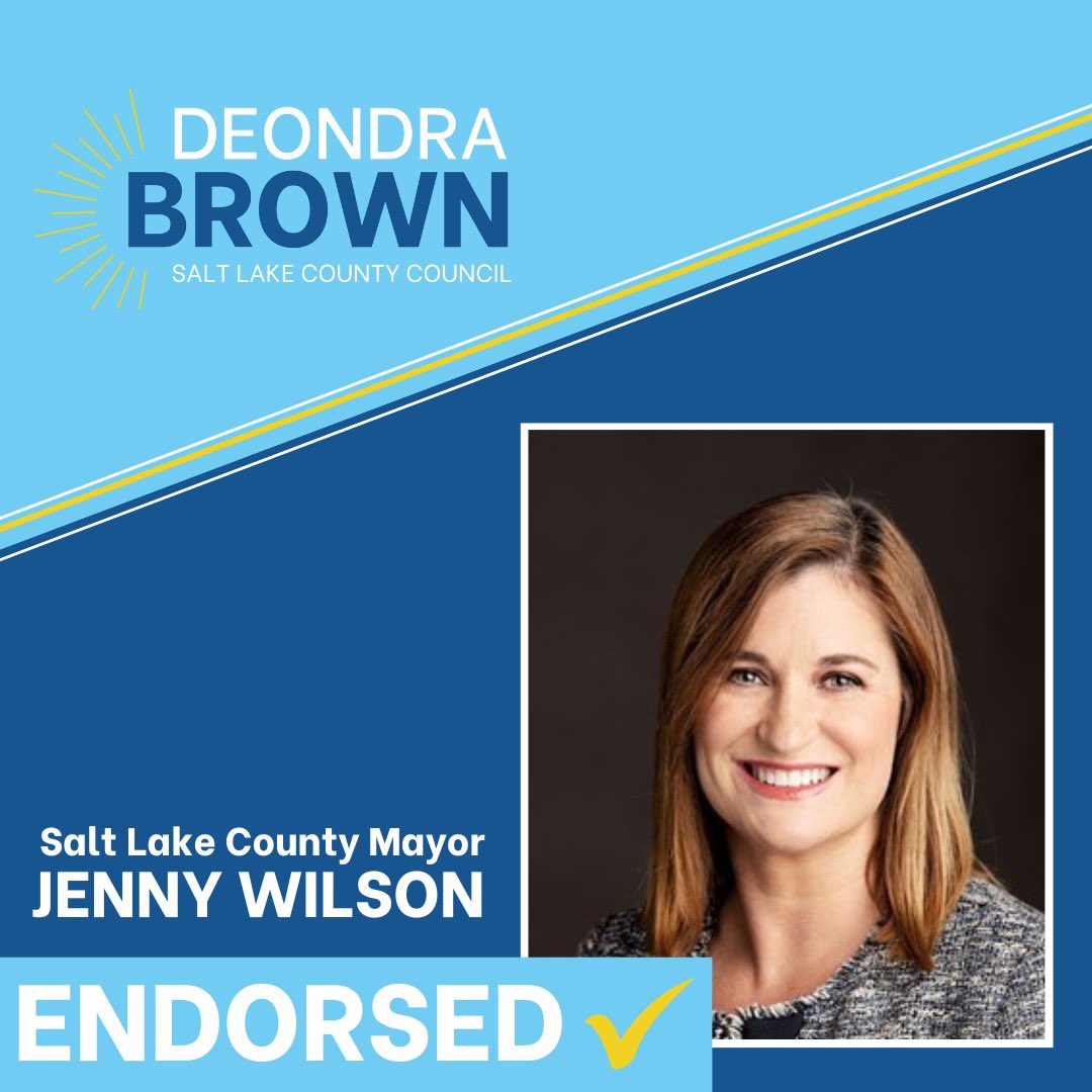 VoteDeondra's tweet photo. I am incredibly grateful for the support of @SLCoMayor Jenny Wilson on my campaign for Salt Lake County Council! 

#DeondraBrown #LeadingWithLight https://t.co/Y5avGxrlIg