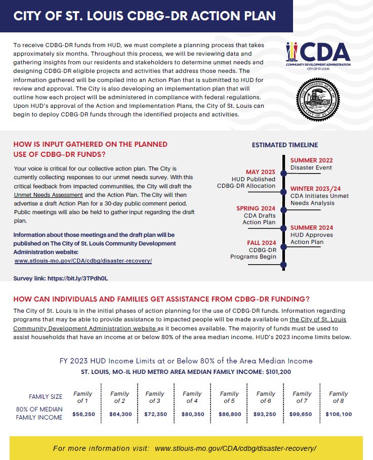 🏡Your voice shapes the City's recovery from the 2022 flash flooding. @STL_CDA invites #STL residents to take the Community Resident Survey to influence how CDBG-DR funds are used, identify unmet needs, and contribute to the Action Plan.  stlouis-mo.gov/CDA/cdbg/disas… 🌟 #CDAfunded