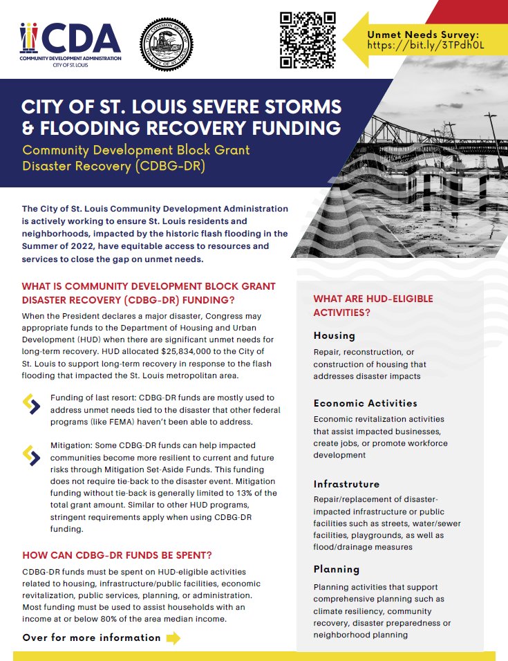 stl_cda's tweet photo. 🏡Your voice shapes the City's recovery from the 2022 flash flooding. @STL_CDA invites #STL residents to take the Community Resident Survey to influence how CDBG-DR funds are used, identify unmet needs, and contribute to the Action Plan.  https://t.co/TUUdsRAcqx 🌟 #CDAfunded https://t.co/jH7YxU7wrx