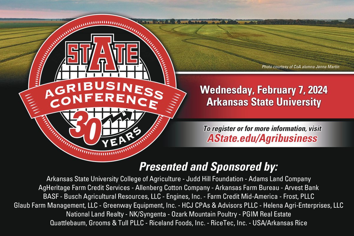 Glaub Farm Management, LLC (@glaubfm) on Twitter photo We are proud to be one of the sponsors for the 30th Annual Agribusiness Conference at ASU. The knowledge imparted during this event holds significant value and best of all registration is free! More details and registration are available at AState.edu/agribusconf. <a href="/AStateCoA/">A-State College of Agriculture</a> We are proud to be one of the sponsors for the 30th Annual Agribusiness Conference at ASU. The knowledge imparted during this event holds significant value and best of all registration is free! More details and registration are available at AState.edu/agribusconf. <a href="/AStateCoA/">A-State College of Agriculture</a>