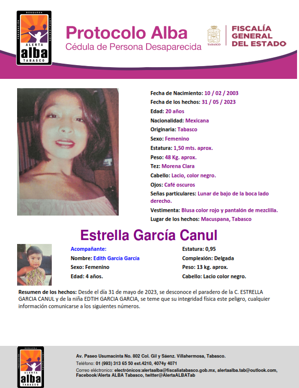 Personas Desaparecidas Tabasco, solicita su colaboración para compartir cédula de alerta alba a nombre de la C. ESTRELLA GARCIA CANUL y de la niña EDITH GARCIA GARCIA.