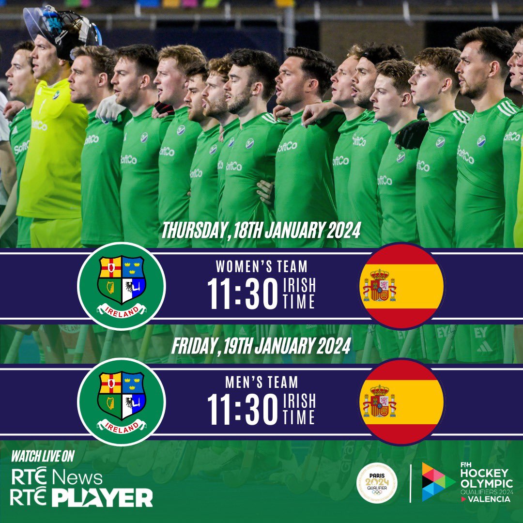 𝐁𝐫𝐞𝐚𝐤𝐢𝐧𝐠: 𝐑𝐓𝐄 𝐭𝐨 𝐥𝐢𝐯𝐞 𝐛𝐫𝐨𝐚𝐝𝐜𝐚𝐬𝐭 𝐈𝐫𝐞𝐥𝐚𝐧𝐝 𝐖𝐨𝐦𝐞𝐧'𝐬 &amp; 𝐌𝐞𝐧'𝐬 𝐎𝐥𝐲𝐦𝐩𝐢𝐜 𝐐𝐮𝐚𝐥𝐢𝐟𝐢𝐞𝐫 𝐒𝐞𝐦𝐢-𝐅𝐢𝐧𝐚𝐥𝐬!

☘️ Ireland W vs Spain: 11:30am on Thursday, 18th January 2024.
☘️ Ireland M vs Spain: 11:30am on Friday, 19th January 2024